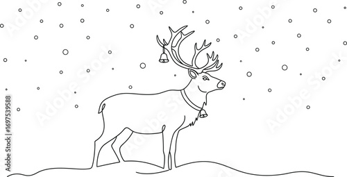 Whimsical reindeer with bells stands in a snowy winter landscape under falling snowflakes