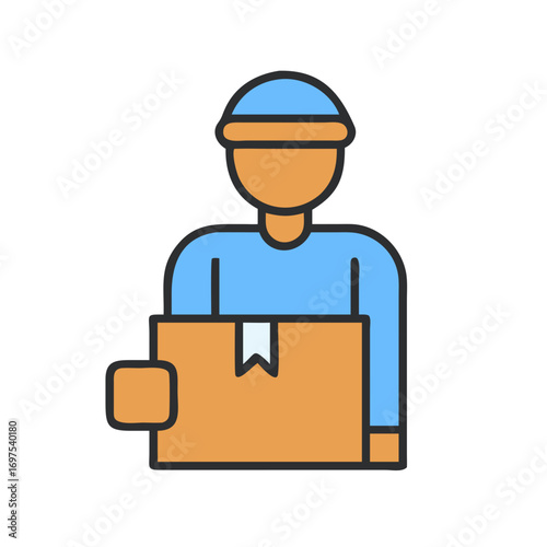 Delivery person holding cardboard box on a black background