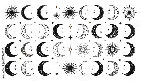 Celestial moon and sun icons
