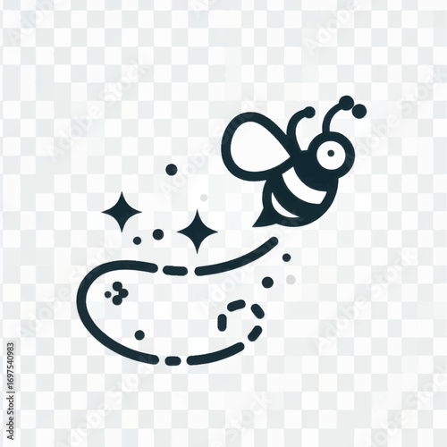 Flying bee icon with stars and dotted trail on transparent background.