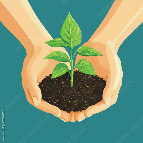 Hands holding soil with green seedling sprout