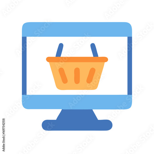 Online shopping basket on computer, isolated on black background