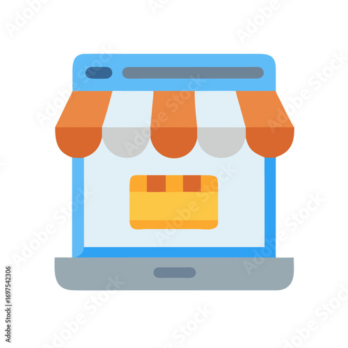Laptop store with online package delivery flat icon concept