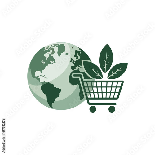 Global eco-friendly shopping cart icon with fresh green leaves and planet Earth, symbolizing sustainable consumerism and ethical commerce.