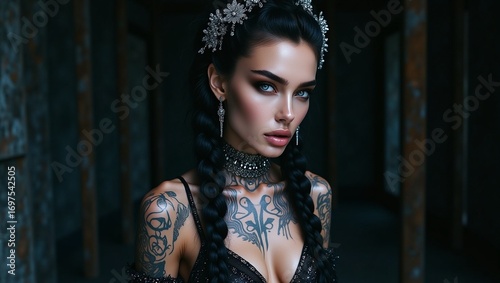 A woman with long black hair and tattoos, wide angle