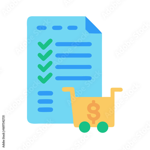 Completed shopping list with money cart vector graphic