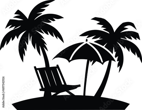 beach chair with palm tree and umbrella silhouette vector illustration