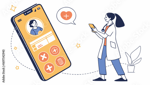Online medical app vector with smartphone, doctor consultation, health interface, and digital healthcare icons design.