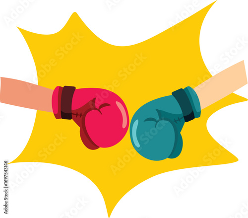 Two People Fighting with Boxing Gloves Vector Illustration. Determination in a sportive conflict between two opponents 