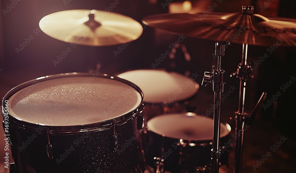 Obraz premium Close-up of drum kit showcasing rich textures and intricate details with focus on snare drum in foreground and other drums accentuating glossy surfaces and warm overhead glow ambiance