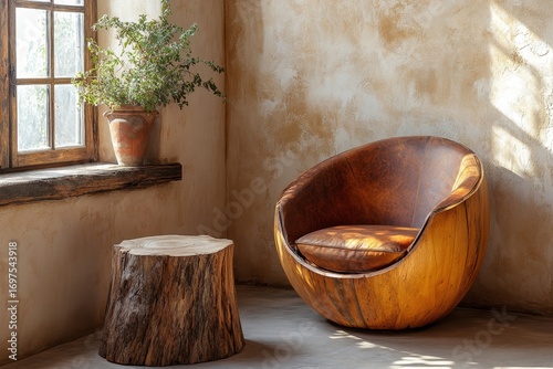 Hand-crafted barrel chair made from solid wood and stump coffee table near grunge stucco wall and window. Rustic style interior design of modern living room in farmhouse, Generative AI