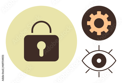 Lock symbol, gear, and eye visually establish themes of safeguarding, vigilance, and operational integrity. Ideal for cybersecurity, user authentication, data protection, system management