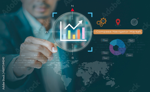 Businessmen use AI assistants to Help Analyze Information growth graphs with navigation compass and define marketing direction, planning for business finance investment technology digital marketing