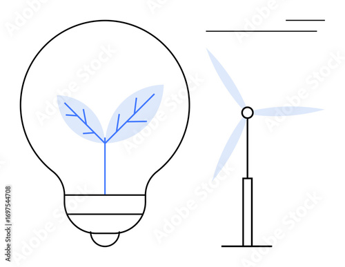 Light bulb enclosing a plant symbolizing green energy next to a wind turbine. Ideal for sustainability, innovation, renewable energy, eco-friendly design, environmental awareness, climate action