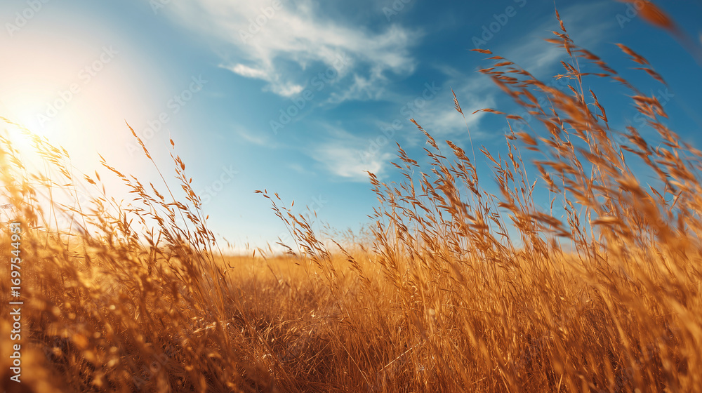 Obraz premium Golden Grass Field under Bright Sunlight