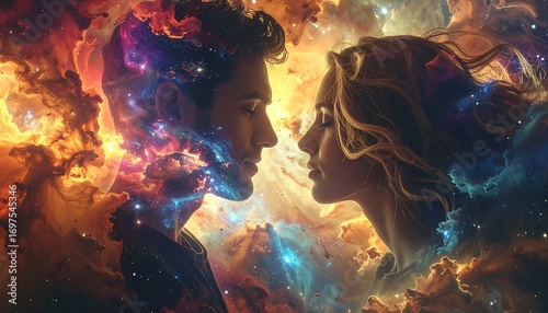 A couple embracing in a cosmic nebula.  A digital artistic representation of love and the universe