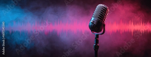 Retro microphone on a stand, illuminated with pink and blue neon lights and sound wave visual, against a dark and smokey background