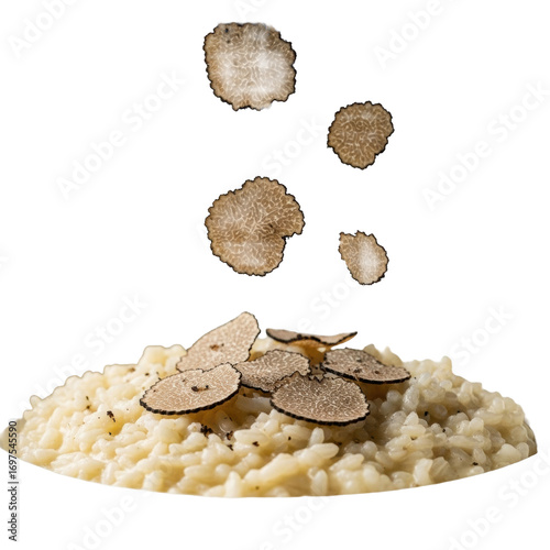 Luxurious black truffle shavings falling onto creamy Parmesan risotto in an elegant white bowl, macro shot with soft studio light on a transparent background, shallow depth, gourmet luxury concept