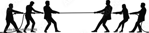 Business people tug of war silhouette, teamwork challenge concept, corporate competition, leadership struggle, cooperation, conflict resolution, success strategy illustration