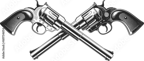Crossed revolvers vintage illustration, western cowboy pistols drawing, antique firearm engraving, wild west weapon sketch art, classic handgun detailed vector
