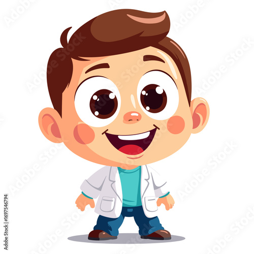 Cartoon boy smiling in doctor's coat with cheerful expression  