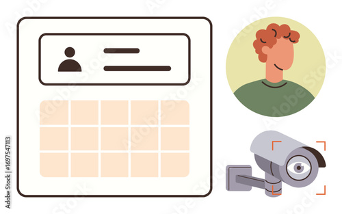 User profile data layout with ID card style elements, facial recognition technology, and security camera lens. Ideal for surveillance, data privacy, artificial intelligence, cybersecurity, biometric