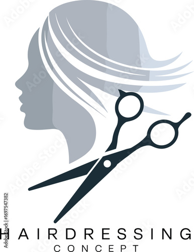 Hairdressing concept logo design, beauty salon scissors icon with woman profile, barber shop hairstyle vector illustration, modern stylist branding art