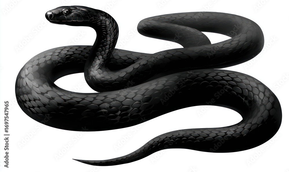 Obraz premium A digitally rendered, coiled black snake, scales visible, resting on a white background, its head raised slightly
