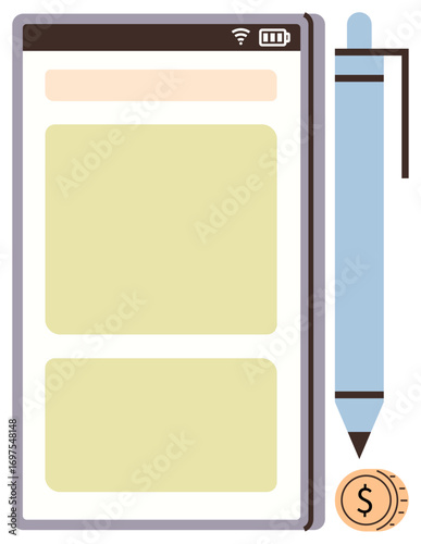 Digital notepad with stylus pen and small coin at the base. Ideal for technology, writing, budgeting, finance, digital learning, productivity tools, online shopping. Simple flat metaphor