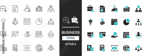 Business icon set line and solid style. Growth, finance, strategy, success, partnership, innovation, leadership, marketing, productivity, investment vector collection.