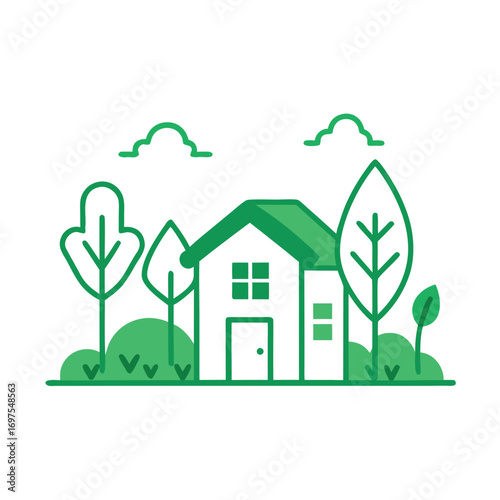 Green little house with garden trees at village vector illustration isolated for eco living artwork  