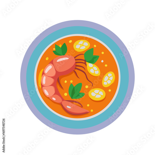 Shrimp soup bowl with fresh herbs vector illustration