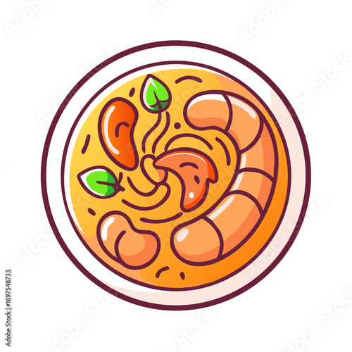 Stylized illustration of delicious shrimp noodle soup in bowl