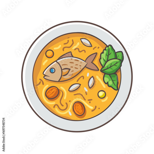 Fish soup with noodles and spinach cartoon illustration