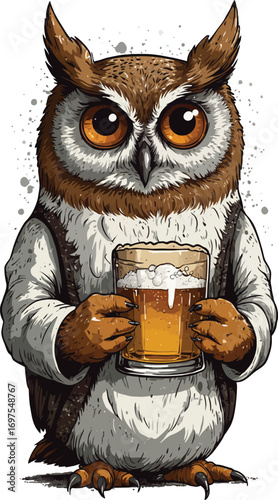 Funny Cartoon Owl Sauna T-Shirt Illustration, funny cartoon owl relaxing in a hot sauna tub with steam rising, towel wrapped on head, holding juice glass, humorous comic line art, vintage t-shirt
