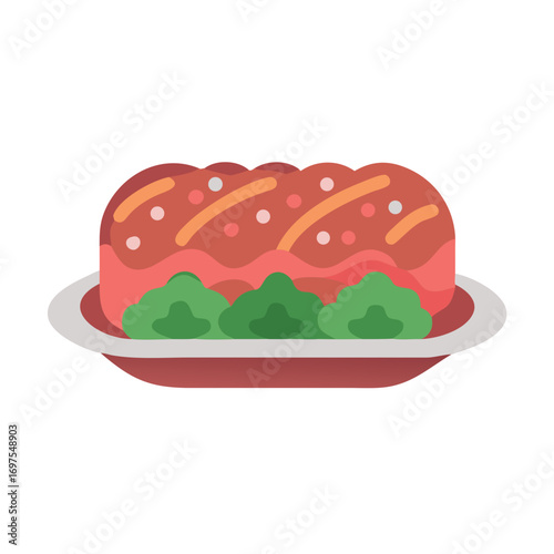 Flat vector illustration of meatloaf with green garnish on plate