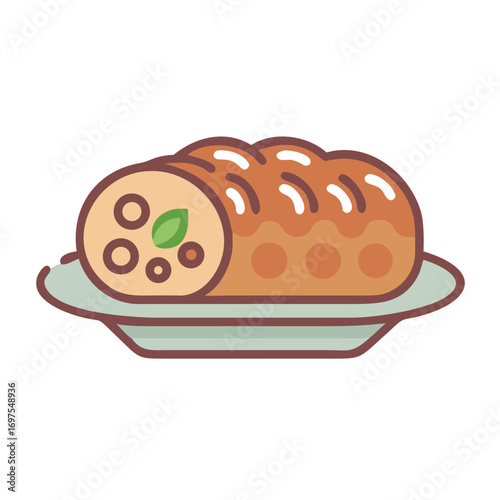 Loaf of stuffed meat on plate, flat vector illustration
