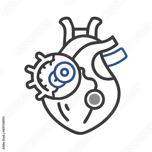 Stylized mechanical heart illustration against black backdrop with cogwheel
