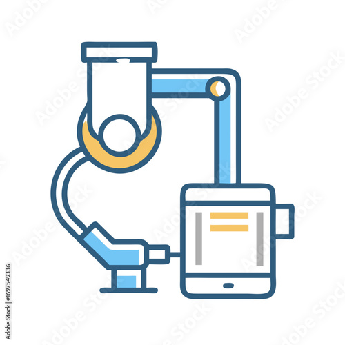 Stylized robot arm assembling device on a black backdrop