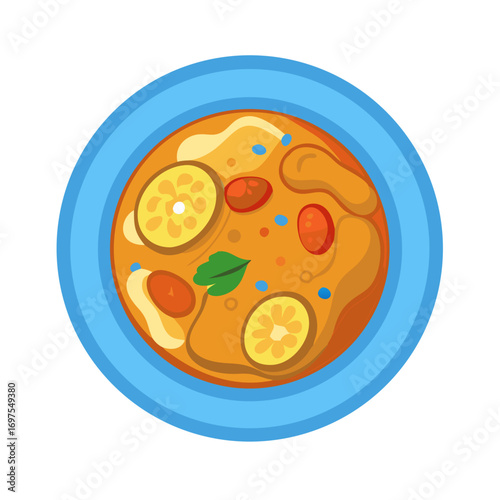 Stylized bowl of soup with vegetables on black background