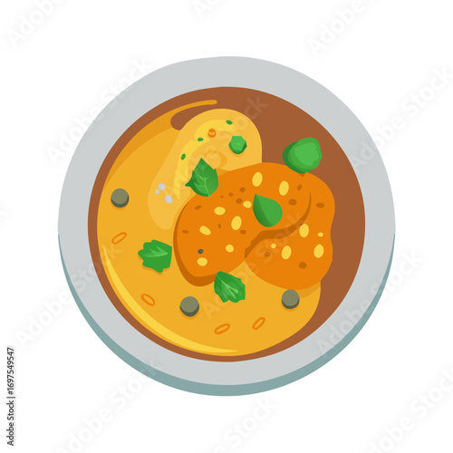 Cartoon illustration of soup with garnish on white plate