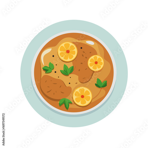Chicken Soup with Lemon Wedges and Herbs Illustration