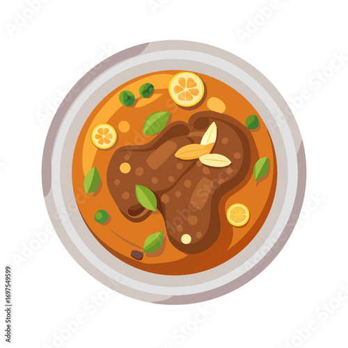 Vector illustration of appetizing soup with meat and lemon