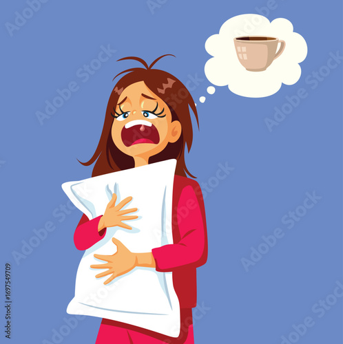 Tired Woman Thinking about Coffee while Yawning Vector Character. Exhausted lady feeling burnout and fatigue in the morning 
