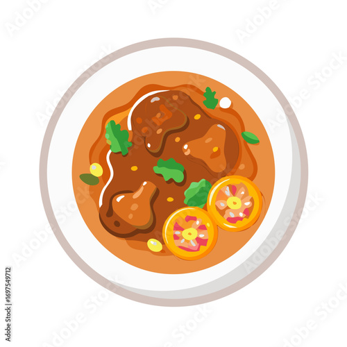 Overhead flat lay of brown curry garnished with citrus