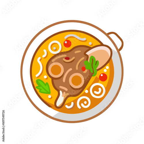 Stylized stew pot illustration featuring meat and vegetables