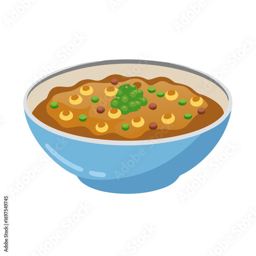 Bowl of curry illustration with peas and chickpea pieces