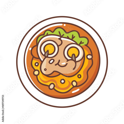 Cartoonish bowl of soup with a face inside vector
