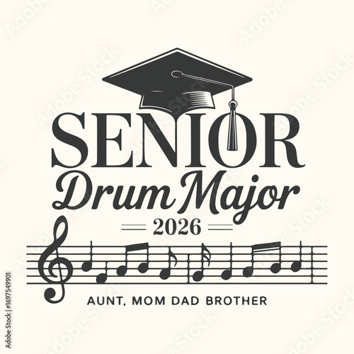 Vector art of senior drum major 2026 graduation design with musical notes and cap