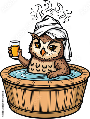 Funny Cartoon Owl Sauna T-Shirt Illustration, funny cartoon owl relaxing in a hot sauna tub with steam rising, towel wrapped on head, holding juice glass, humorous comic line art, vintage t-shirt
